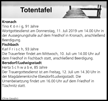 Anzeige von Totentafel vom 10.07.2019 von MGO