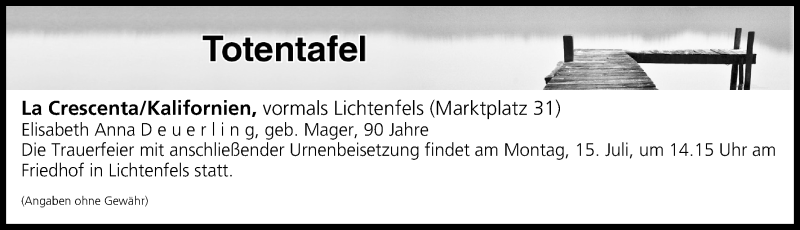  Traueranzeige für Totentafel vom 11.07.2019 vom 11.07.2019 aus MGO