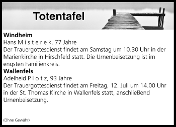 Anzeige von Totentafel vom 12.07.2019 von MGO
