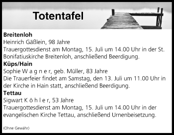 Anzeige von Totentafel vom 13.07.2019 von MGO