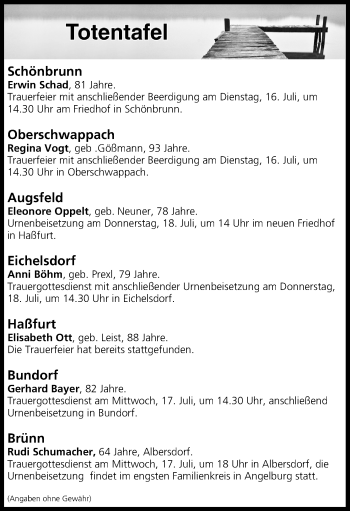 Anzeige von Totentafel vom 16.07.2019 von MGO