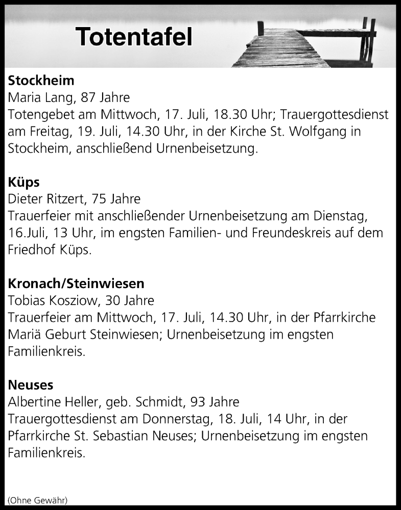  Traueranzeige für Totentafel vom 16.07.2019 vom 16.07.2019 aus MGO