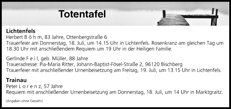  Traueranzeige für Totentafel vom 17.07.2019 vom 17.07.2019 aus MGO