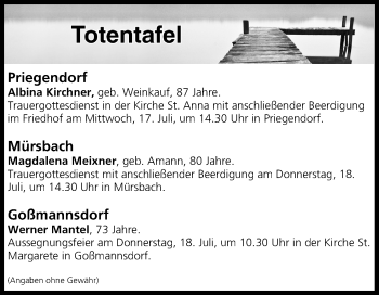 Anzeige von Totentafel vom 17.07.2019 von MGO