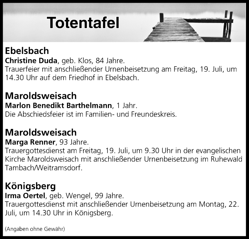  Traueranzeige für Totentafel vom 18.07.2019 vom 18.07.2019 aus MGO