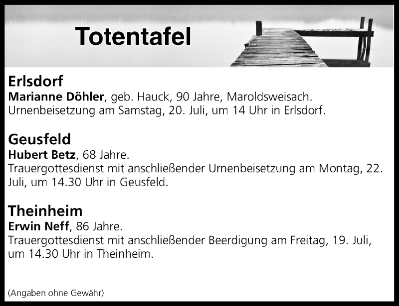  Traueranzeige für Totentafel vom 19.07.2019 vom 19.07.2019 aus MGO