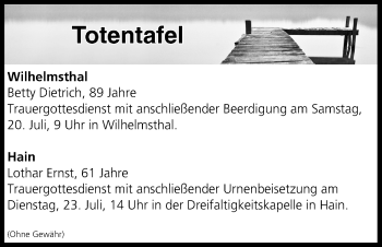 Anzeige von Totentafel vom 20.07.2019 von MGO