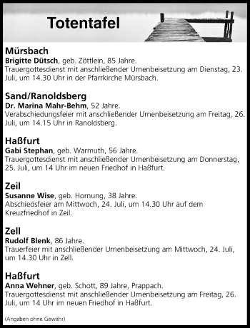 Anzeige von Totentafel vom 23.07.2019 von MGO