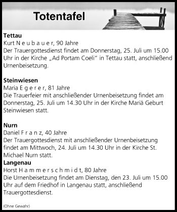 Anzeige von Totentafel vom 23.07.2019 von MGO
