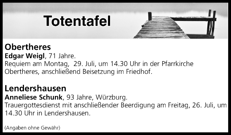  Traueranzeige für Totentafel vom 26.07.2019 vom 26.07.2019 aus MGO