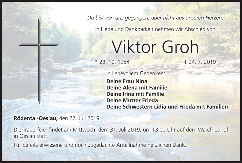  Traueranzeige für Viktor Groh vom 27.07.2019 aus MGO