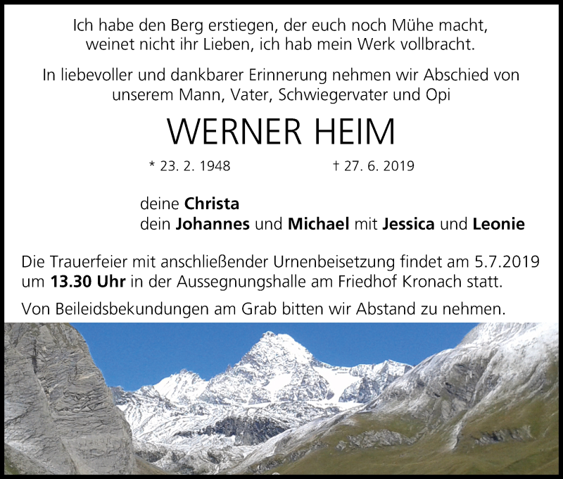  Traueranzeige für Werner Heim vom 02.07.2019 aus MGO
