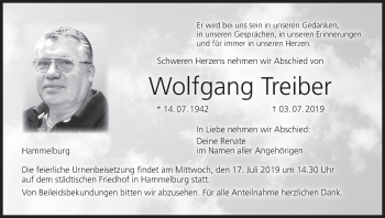 Anzeige von Wolfgang Treiber von MGO