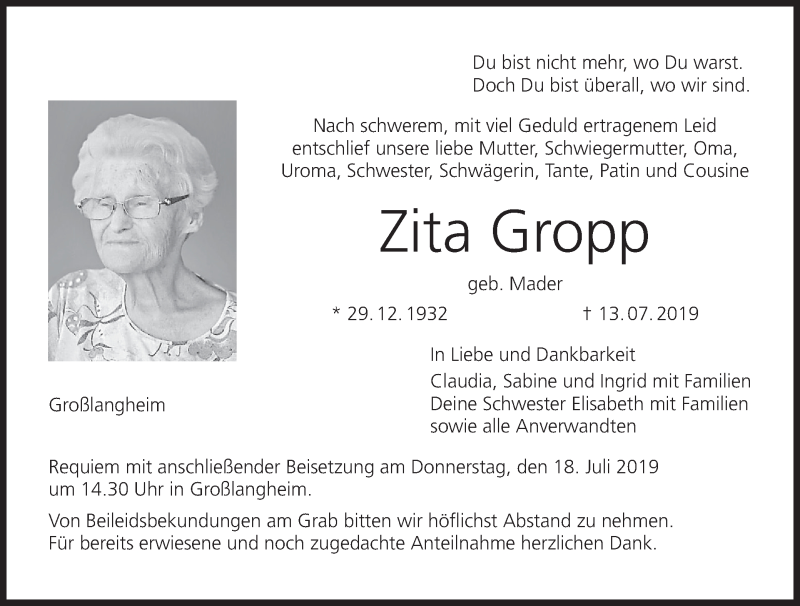  Traueranzeige für Zita Gropp vom 15.07.2019 aus MGO