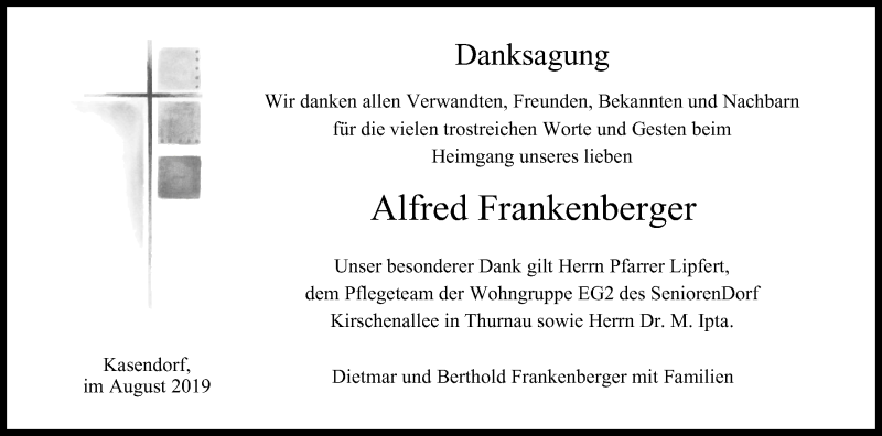  Traueranzeige für Alfred Frankenberger vom 17.08.2019 aus MGO