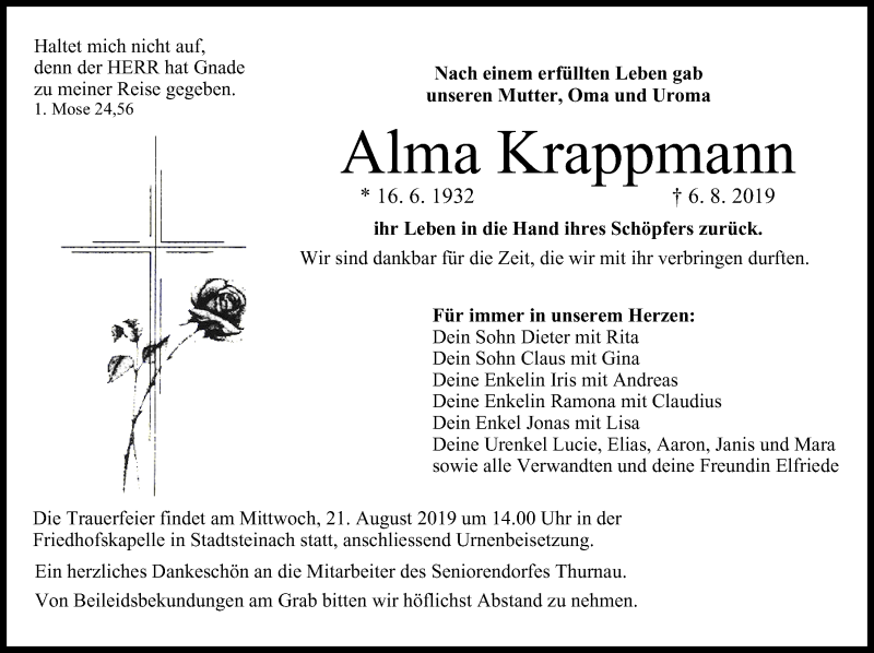  Traueranzeige für Alma Krappmann vom 17.08.2019 aus MGO