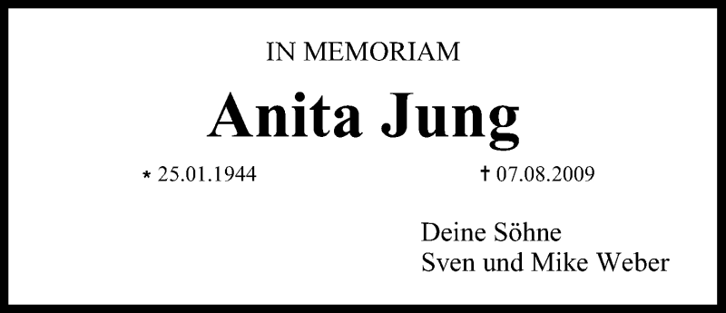  Traueranzeige für Anita Jung vom 07.08.2019 aus MGO