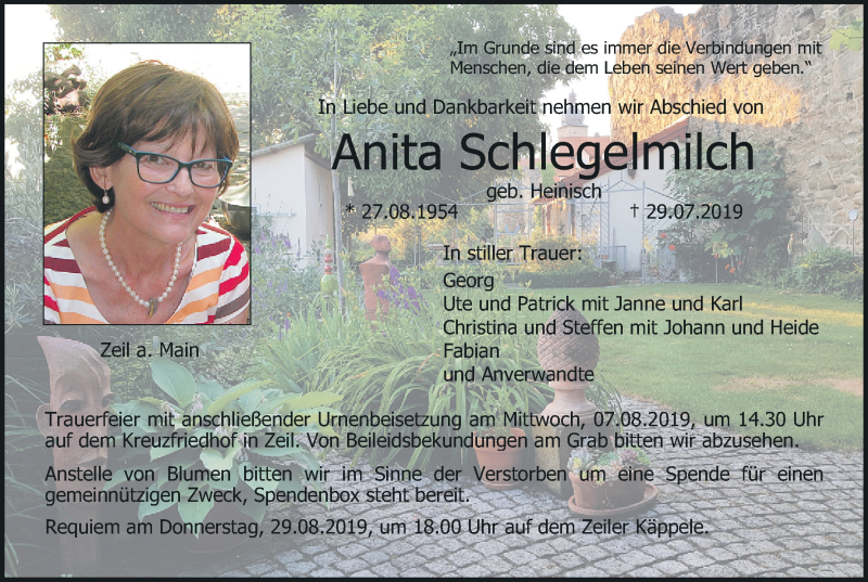  Traueranzeige für Anita Schlegelmilch vom 03.08.2019 aus MGO