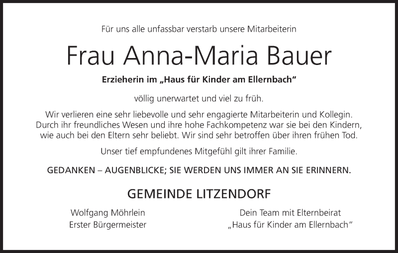 Traueranzeige für Anna-Maria Bauer vom 24.08.2019 aus MGO