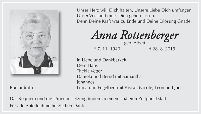  Traueranzeige für Anna Rottenberger vom 30.08.2019 aus MGO