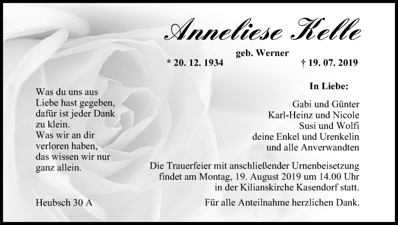  Traueranzeige für Anneliese Kelle vom 16.08.2019 aus MGO