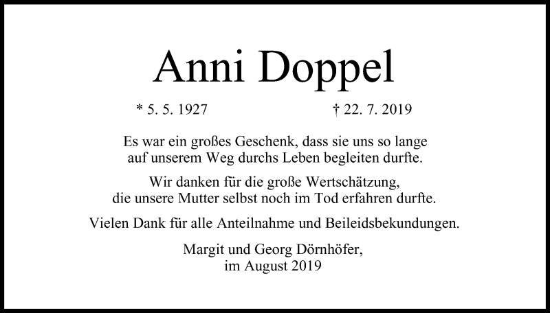  Traueranzeige für Anni Doppel vom 10.08.2019 aus MGO