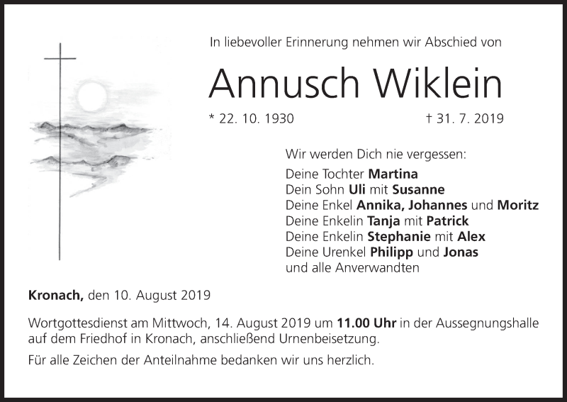  Traueranzeige für Annusch Wiklein vom 10.08.2019 aus MGO