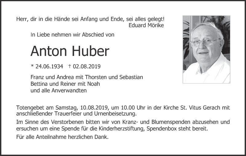  Traueranzeige für Anton Huber vom 07.08.2019 aus MGO