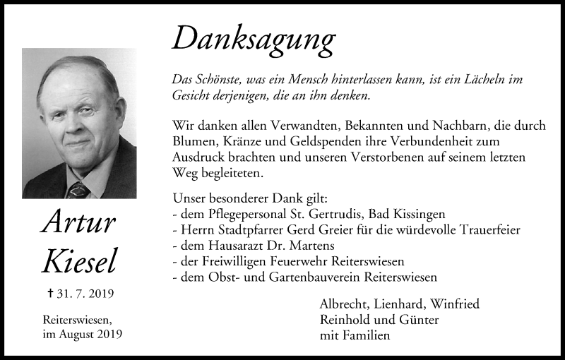  Traueranzeige für Artur Kiesel vom 24.08.2019 aus MGO