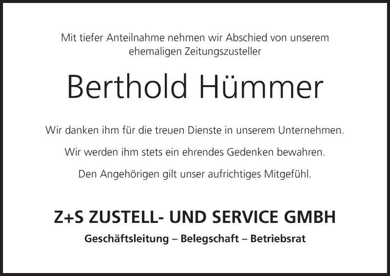 Traueranzeige für Berthold Hümmer vom 24.08.2019 aus MGO
