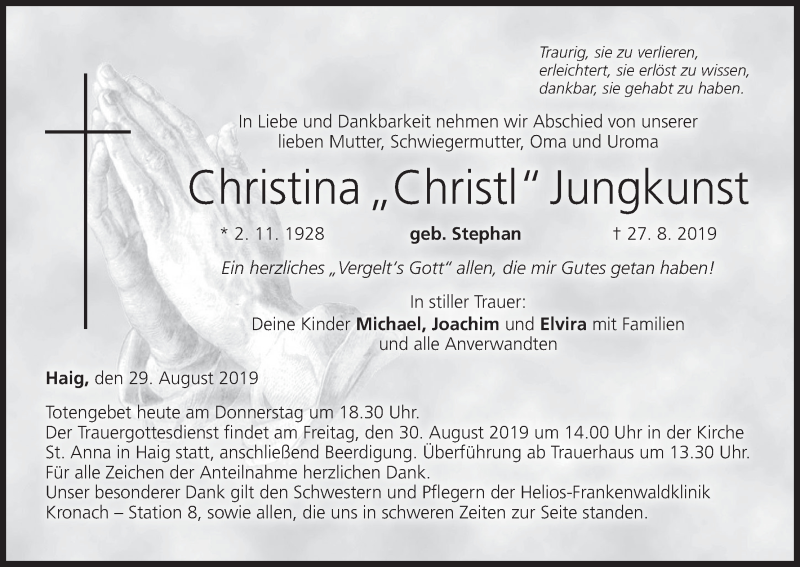  Traueranzeige für Christina Jungkunst vom 29.08.2019 aus MGO