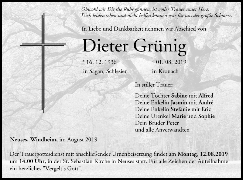  Traueranzeige für Dieter Grünig vom 10.08.2019 aus MGO