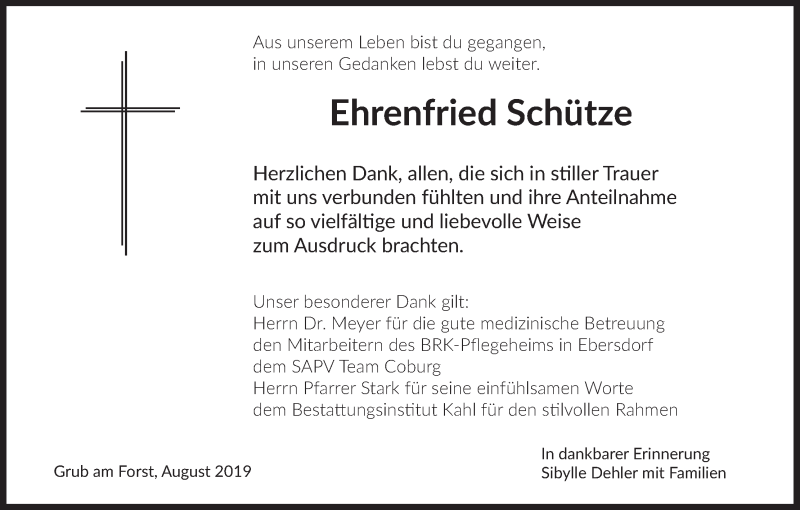  Traueranzeige für Ehrenfried Schütze vom 10.08.2019 aus MGO