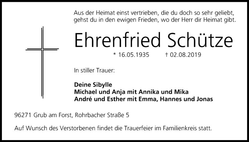  Traueranzeige für Ehrenfried Schütze vom 03.08.2019 aus MGO