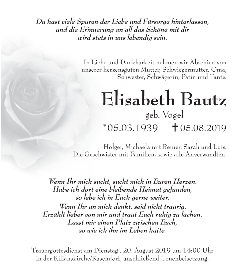  Traueranzeige für Elisabeth Bautz vom 17.08.2019 aus MGO