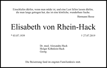 Anzeige von Elisabeth von Rhein-Hack von MGO