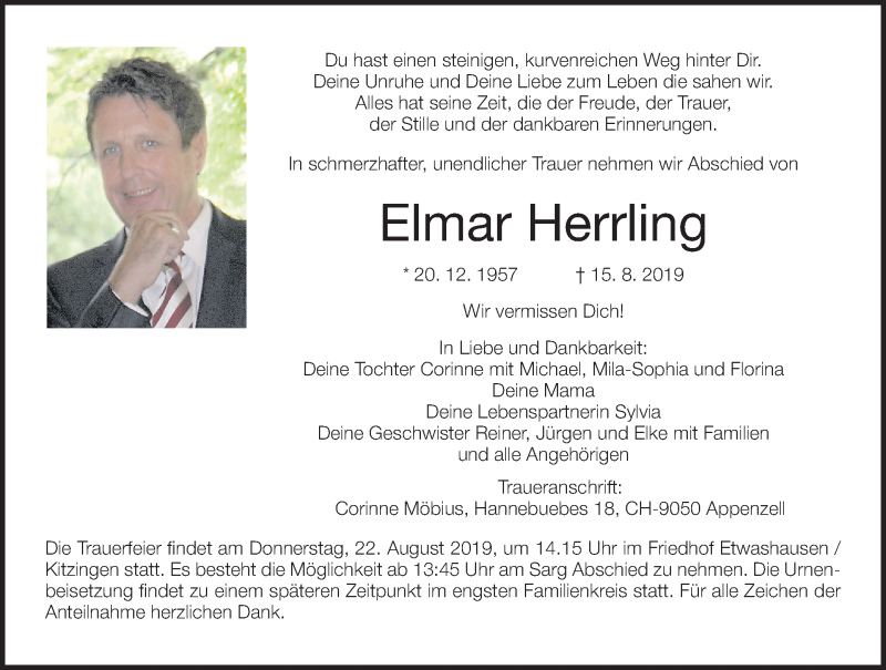  Traueranzeige für Elmar Herrling vom 20.08.2019 aus MGO