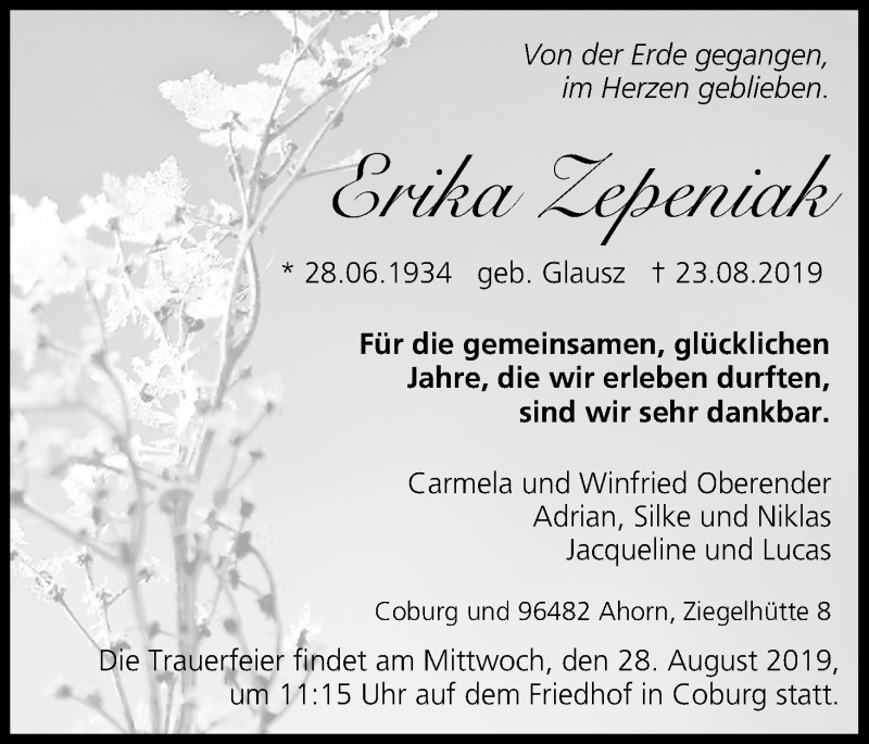  Traueranzeige für Erika Zepeniak vom 24.08.2019 aus MGO