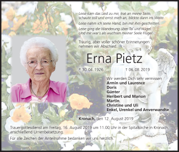 Anzeige von Erna Pietz von MGO
