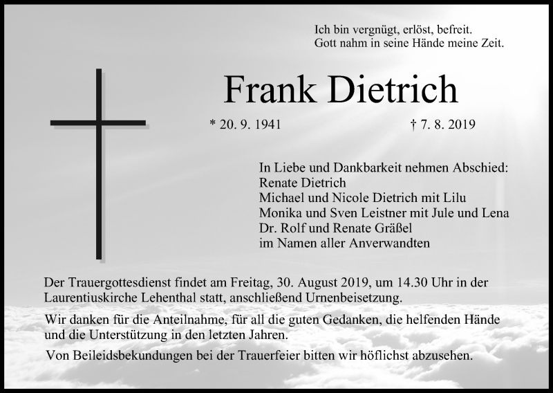 Traueranzeige für Frank Dietrich vom 27.08.2019 aus MGO