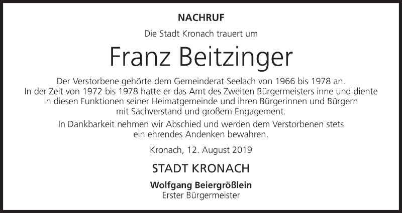  Traueranzeige für Franz Beitzinger vom 13.08.2019 aus MGO