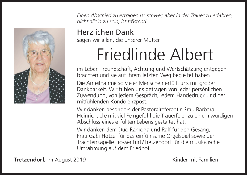  Traueranzeige für Friedlinde Albert vom 17.08.2019 aus MGO