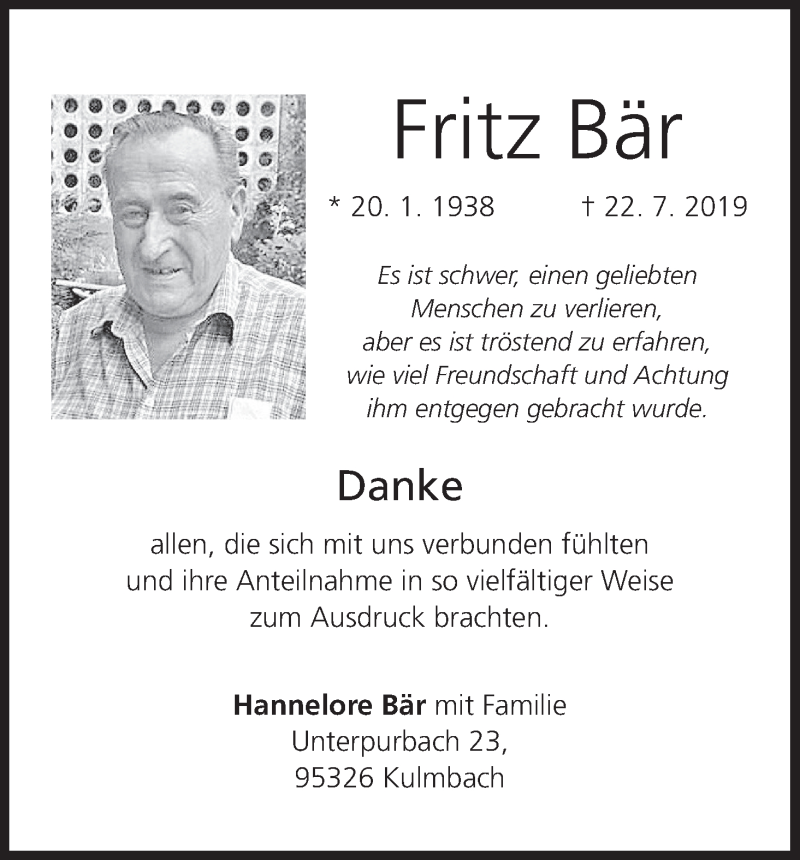  Traueranzeige für Fritz Bär vom 24.08.2019 aus MGO