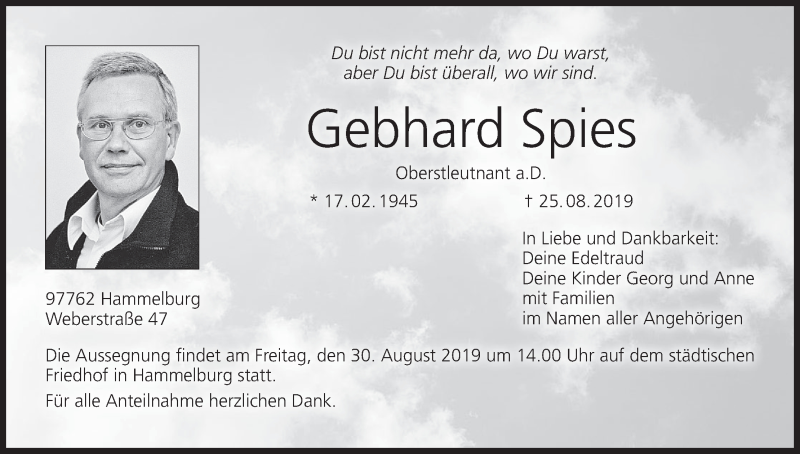  Traueranzeige für Gebhard Spies vom 28.08.2019 aus MGO