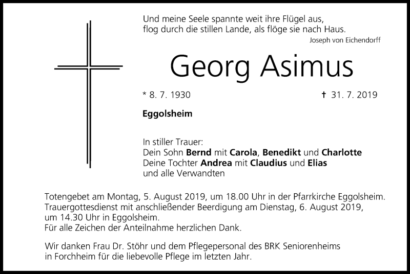  Traueranzeige für Georg Asimus vom 03.08.2019 aus MGO