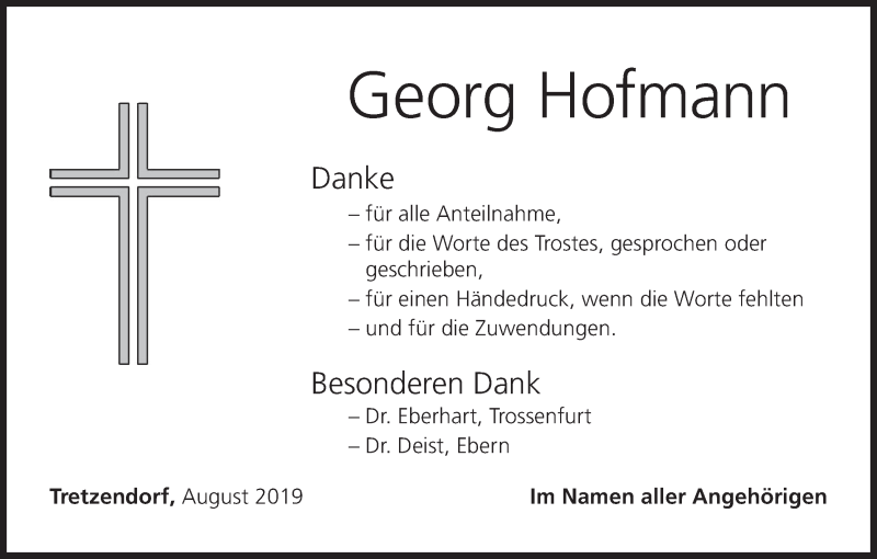  Traueranzeige für Georg Hofmann vom 24.08.2019 aus MGO