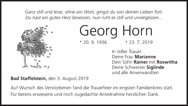  Traueranzeige für Georg Horn vom 03.08.2019 aus MGO