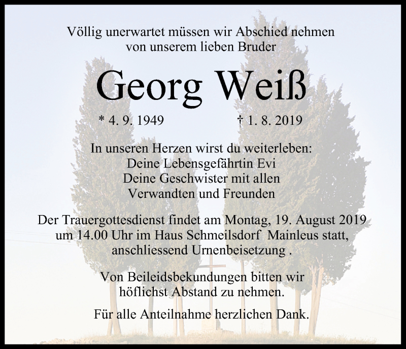  Traueranzeige für Georg Weiß vom 17.08.2019 aus MGO