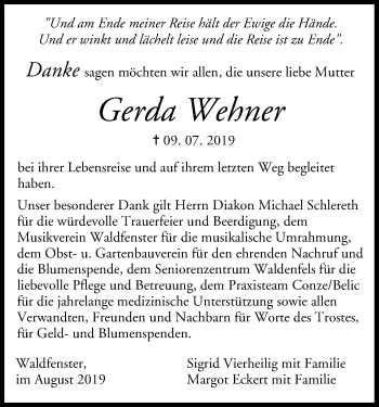 Anzeige von Gerda Wehner von MGO