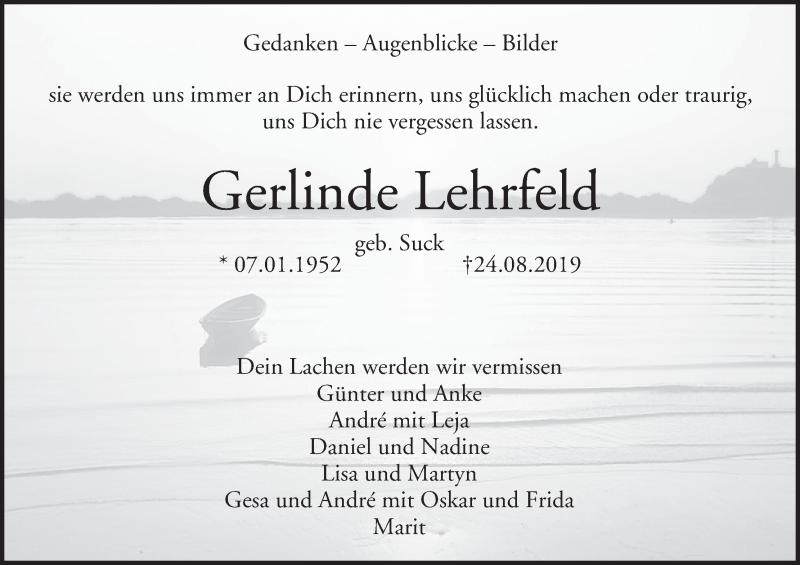  Traueranzeige für Gerlinde Lehrfeld vom 27.08.2019 aus MGO